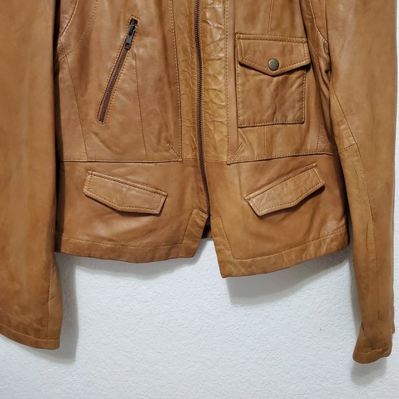 Black Rivet Leather Jacket Tan zip up moto - Picture 2 of 10